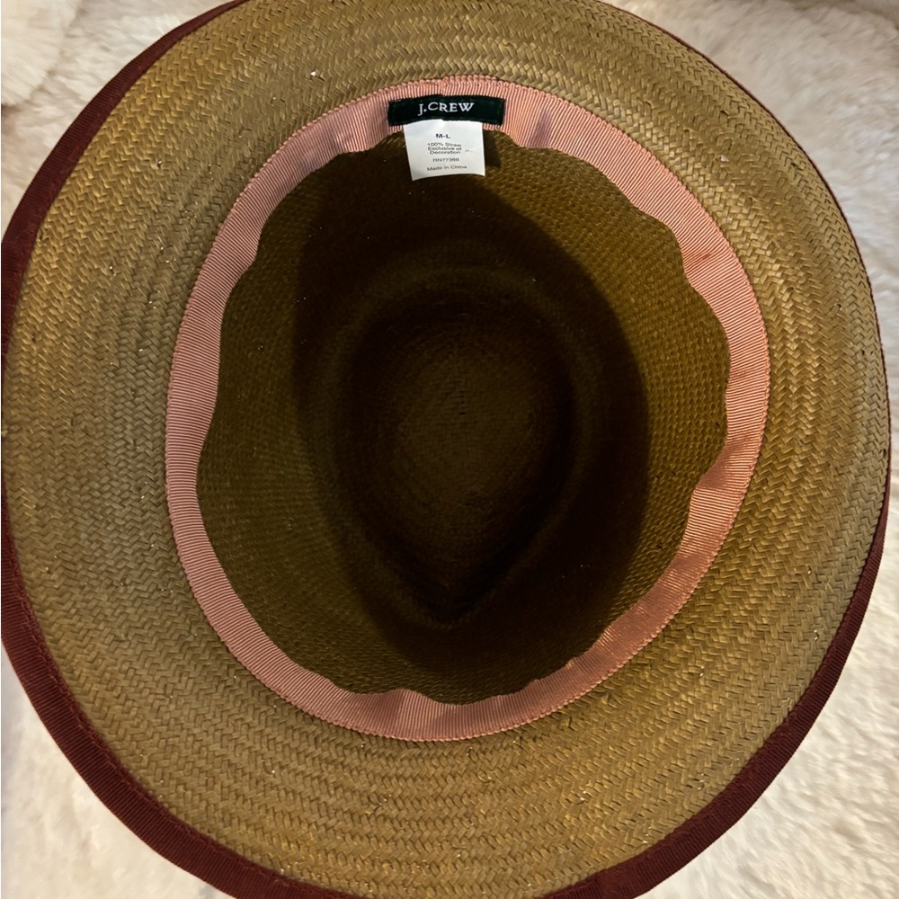 J. Crew Fedora Straw Hat with Brown Burgundy Ribbon Rim, Ribbon Trim, NWOT, M/L - Picture 5 of 6